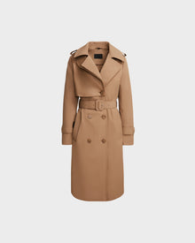 The Rudsak KINDA - 8124690 Camel womens trench coat features a camel color, double-breasted design, belted waist, wide lapels, and buttoned cuffs, shown against a white background.