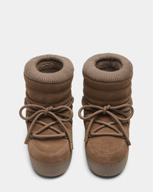 A pair of Rudsak MACE S - 8224543 Camel women's brown suede, water-repellent short moon boots with thick textured soles, rounded toes, padded ankle collars, and crisscrossed laces seen from above on a white background.