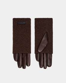 A pair of Rudsak MARINE - 8424516 Espresso womens gloves featuring ribbed knit on top and smooth leather on the fingers and palms, displayed flat against a plain light background.
