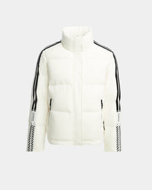 The Rudsak USHER - 6124516 Optic White men’s ski jacket features black vertical sleeve stripes, black-and-white patterned cuff accents, and RDS-certified down insulation, displayed on a plain light gray background.
