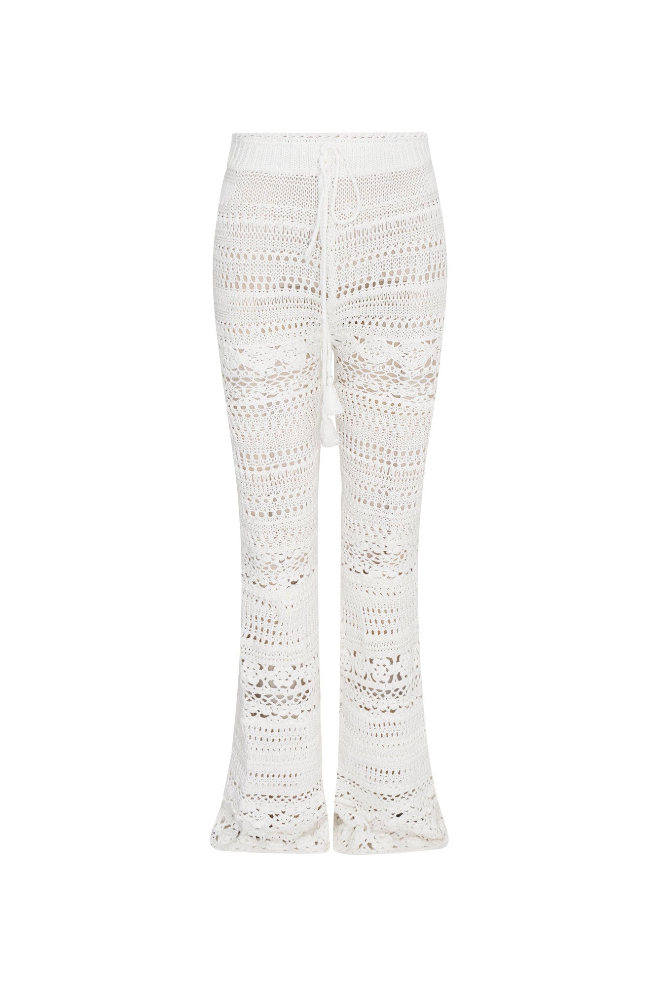 White cotton pointelle crochet floral flare pants with a self tie detail at center front on the double ribbed waistband.