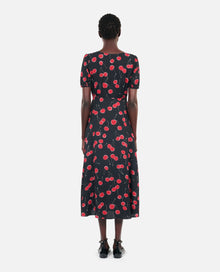 Cherry Printed Long Dress With Buttoning | Women | Black x Red