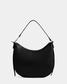 The Rudsak SYLVIA - L325515 Black is a women’s leather shoulder bag with a black crescent silhouette, short single handle, and minimalist design, shown against a plain light gray background.
