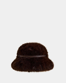 The YURI - L425538 Espresso by Rudsak is a dark brown faux-fur bucket hat with a slim leather strap around the crown, shown on a white background—a must-have winter accessory for any stylish wardrobe.