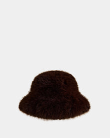 The Rudsak YURI - L425538 Espresso is a dark brown faux fur women’s bucket hat with a fluffy texture, perfect for winter, shown against a plain light gray background.