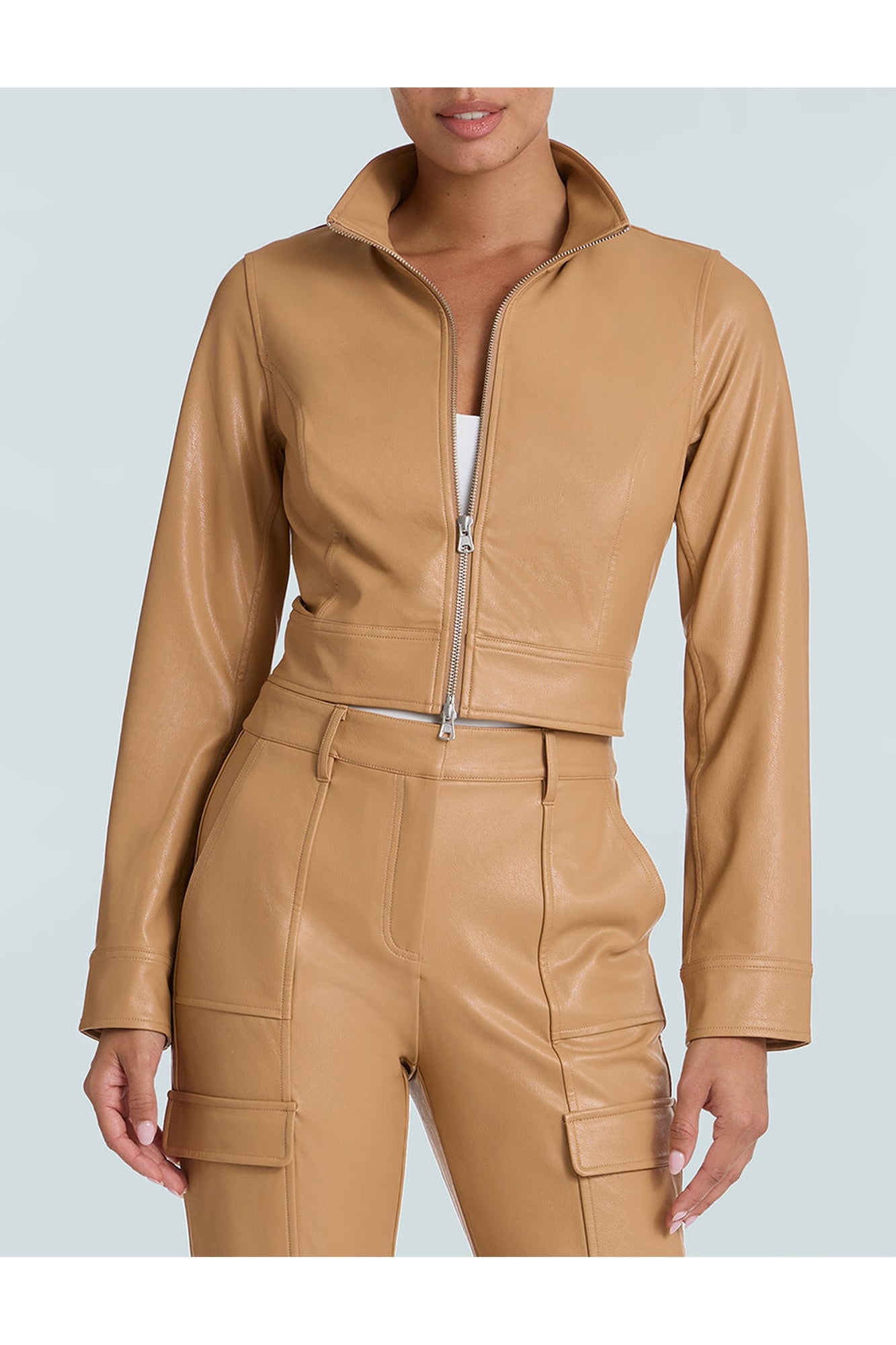 Faux Leather Cropped Biker Jacket | Camel