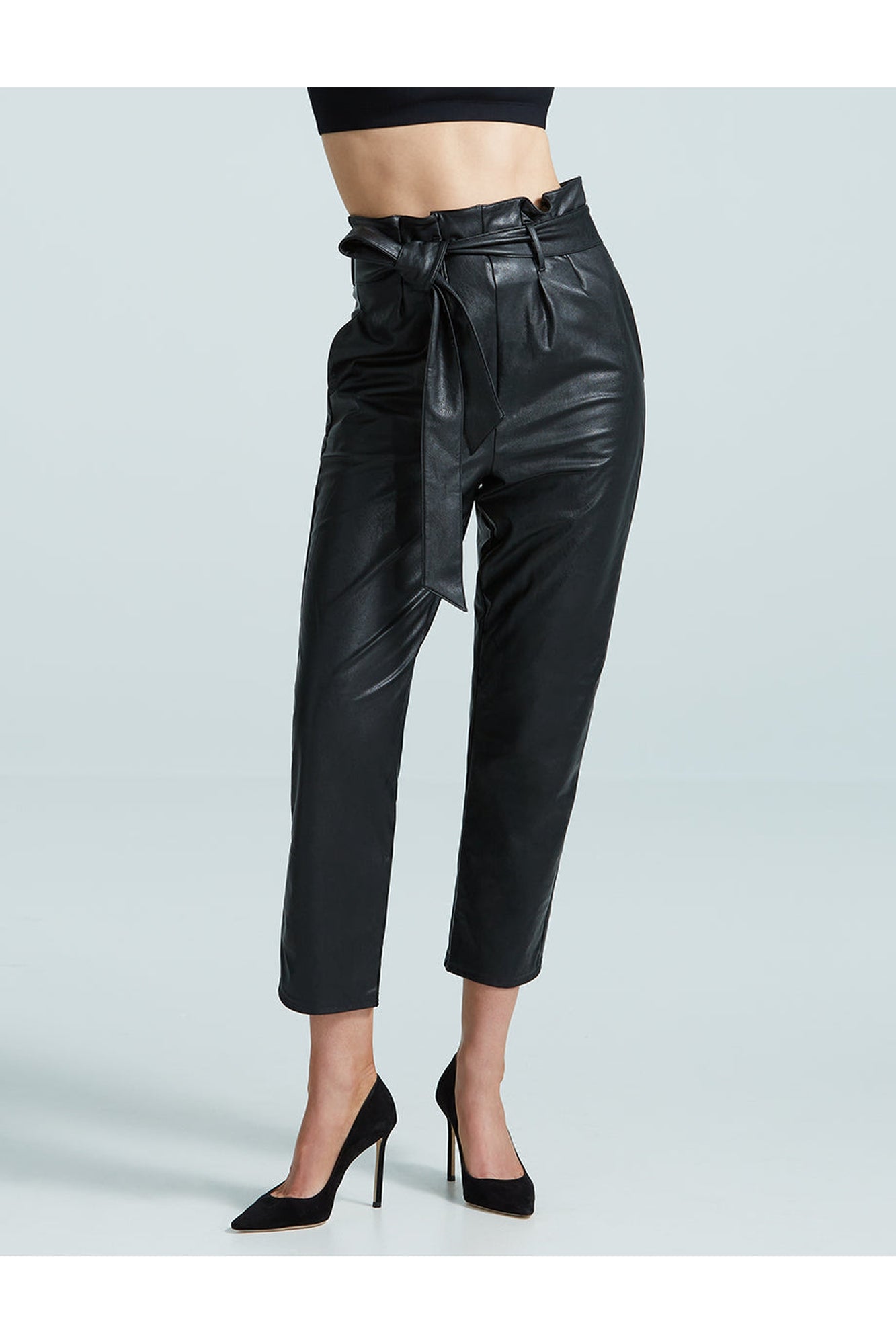 Faux Leather Paperbag Pants | Black