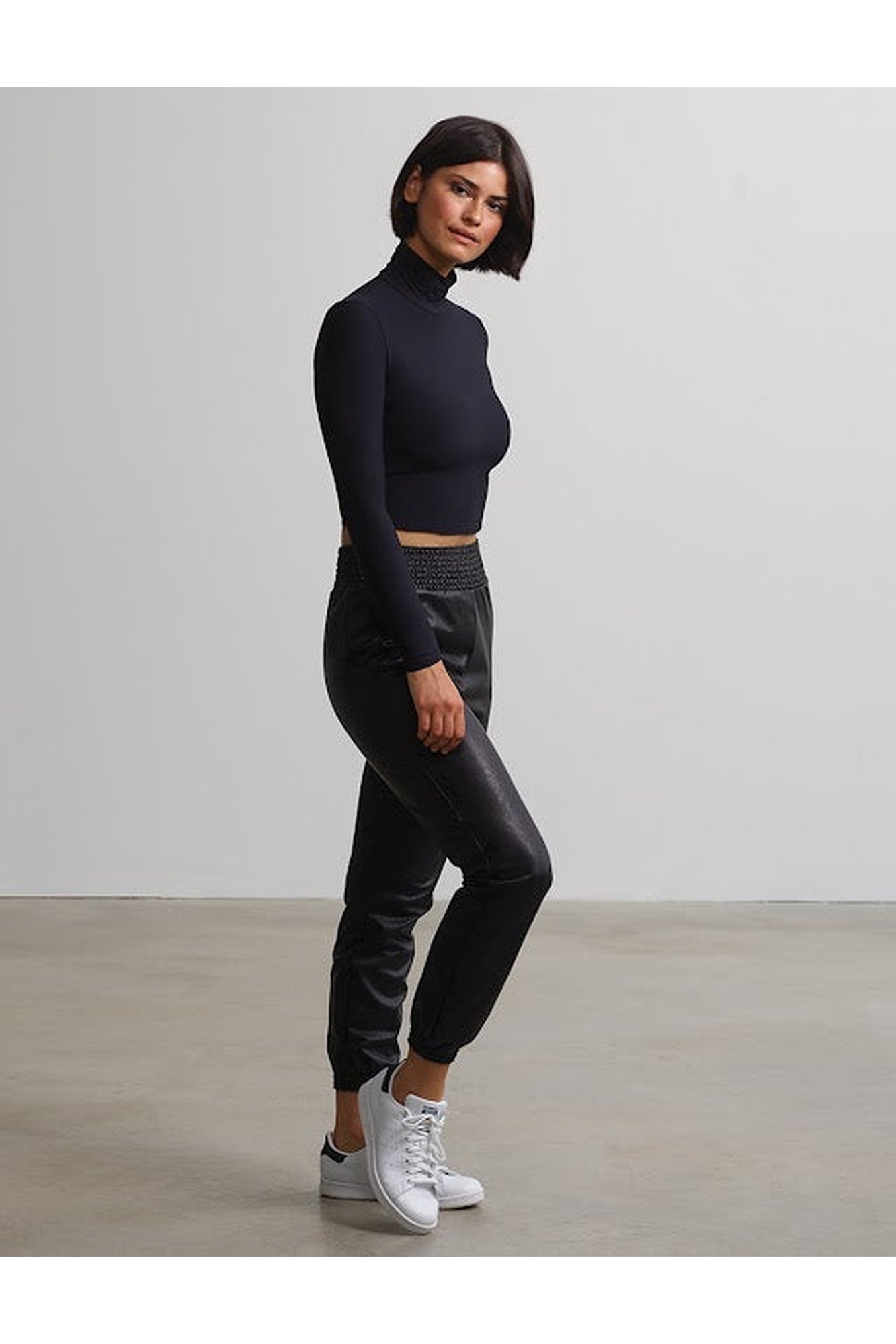 Faux Leather Smocked Jogger | Black