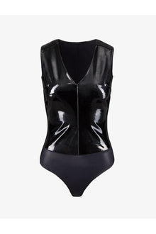 Faux Patent Leather V-Neck Bodysuit | Black