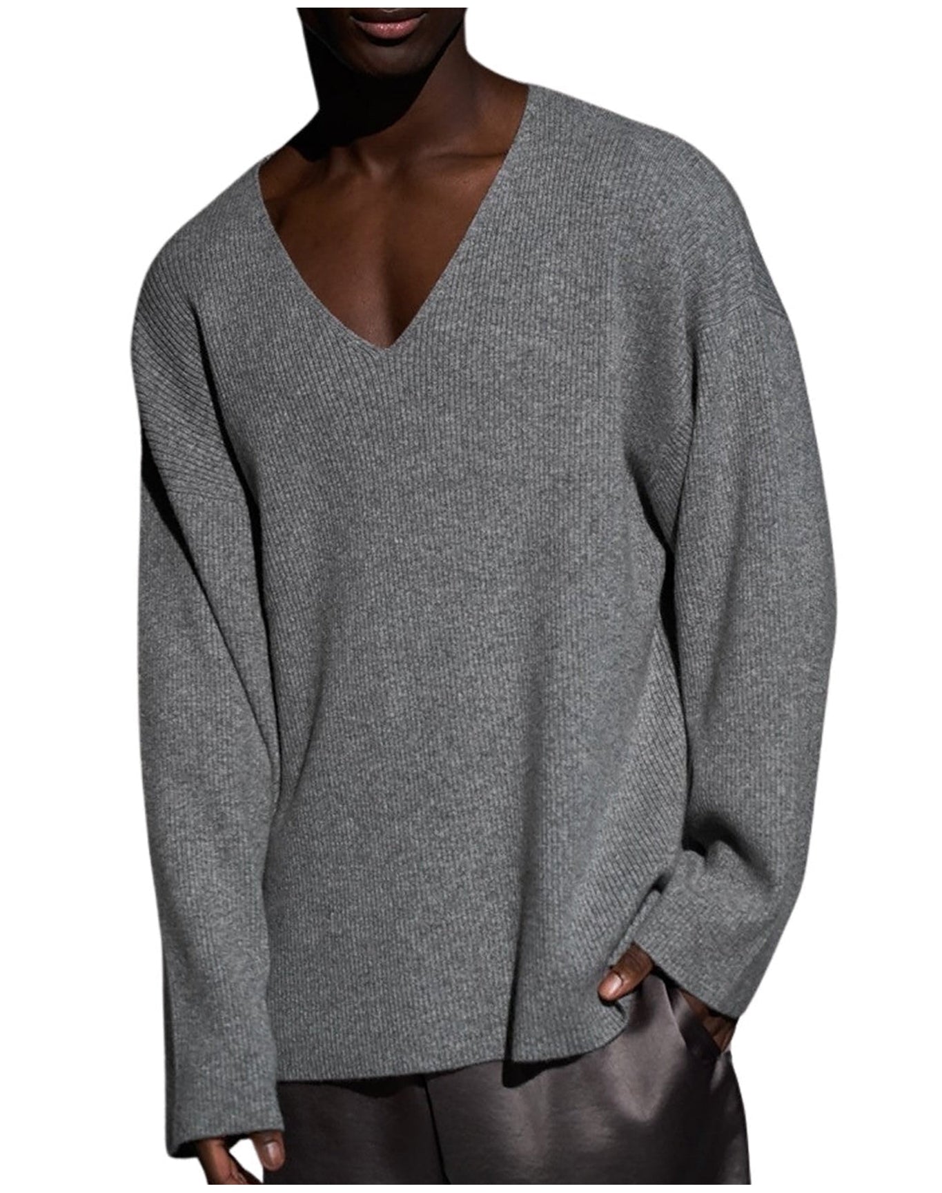 Fleurette | Men | Ribbed V-Neck Cashmere Blend Sweater | Grey