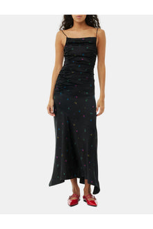 Floral Satin Ruched Long Slip Dress | Black