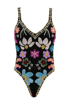 Flower Hand - Beaded Embellished One - Piece Swimsuit - Black - Self - Adore