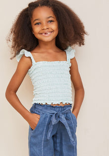 Girls |  Smocked Flutter Sleeve Top | Sky Light