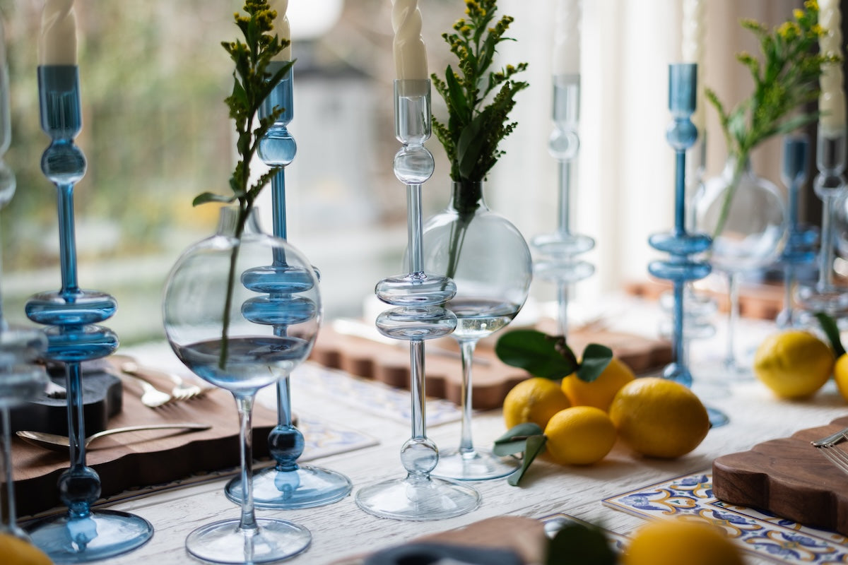 Glass Candlestick | Sapphire | Small | Set of 2