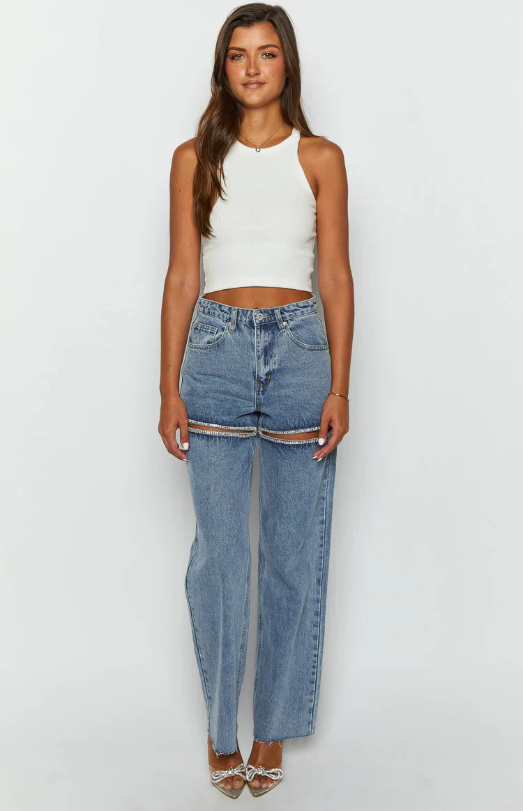 Gem Diamante Trim Wide Leg Jeans | Denim