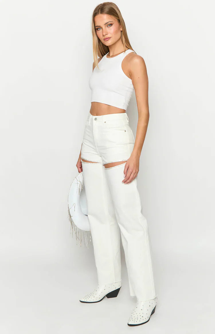 Gem Diamante Trim Wide Leg Denim Jeans | White