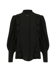 Gillian Silk Ruffle Detail Button Down Top | Black