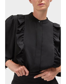 Gillian Silk Ruffle Detail Button Down Top | Black