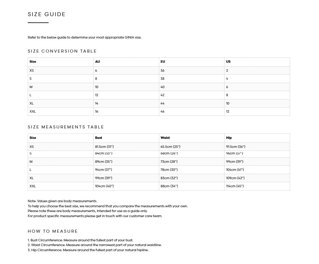 Product size guide