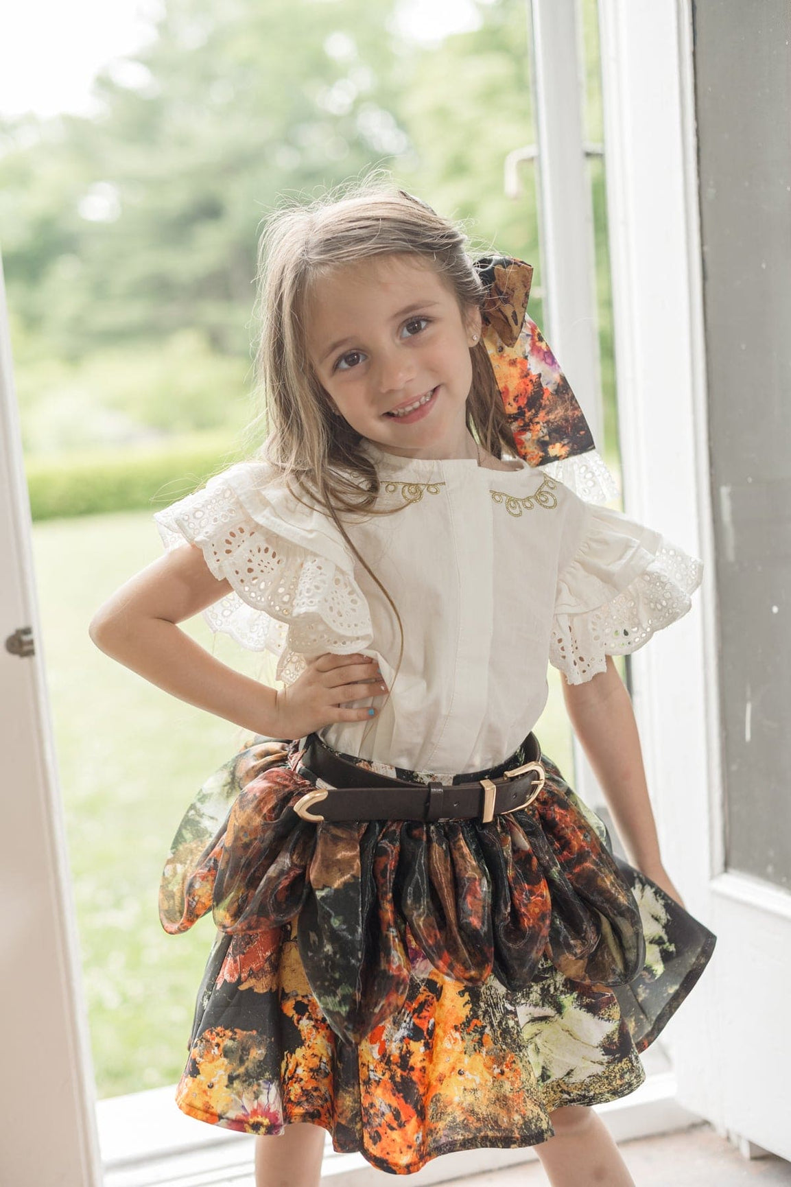 Girl | Alexis Brown Floral Print Skirt with Belt