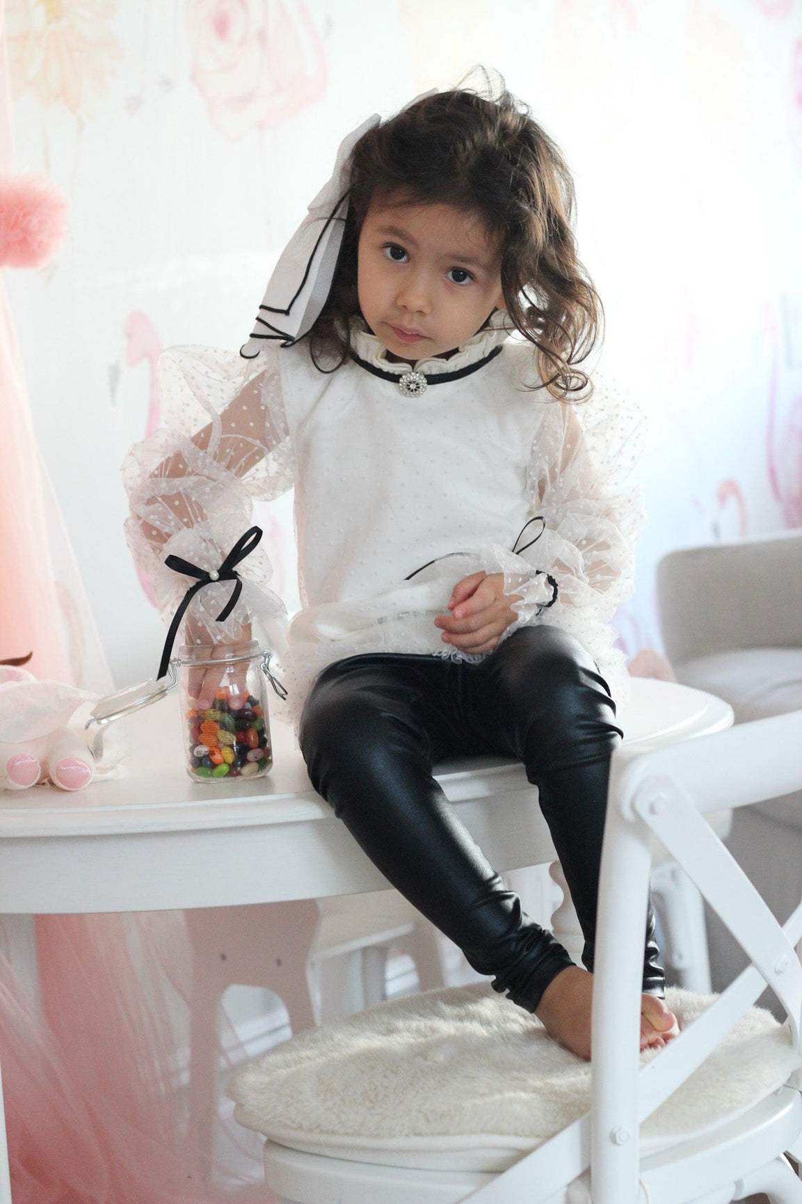 Girl | Brianna Tunic and Pants Set | White x Black