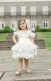 Girl | Constanza Ceremony Dress with Champagne Bow | White x Beige