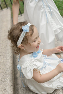 Girl | Daphne Satin Hair Sash with Embroidery | White x Blue