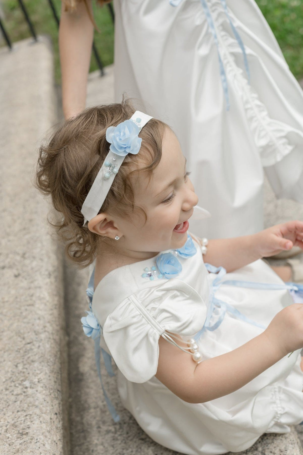 Girl | Daphne Satin Hair Sash with Embroidery | White x Blue