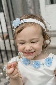 Girl | Daphne Satin Hair Sash with Embroidery | White x Blue