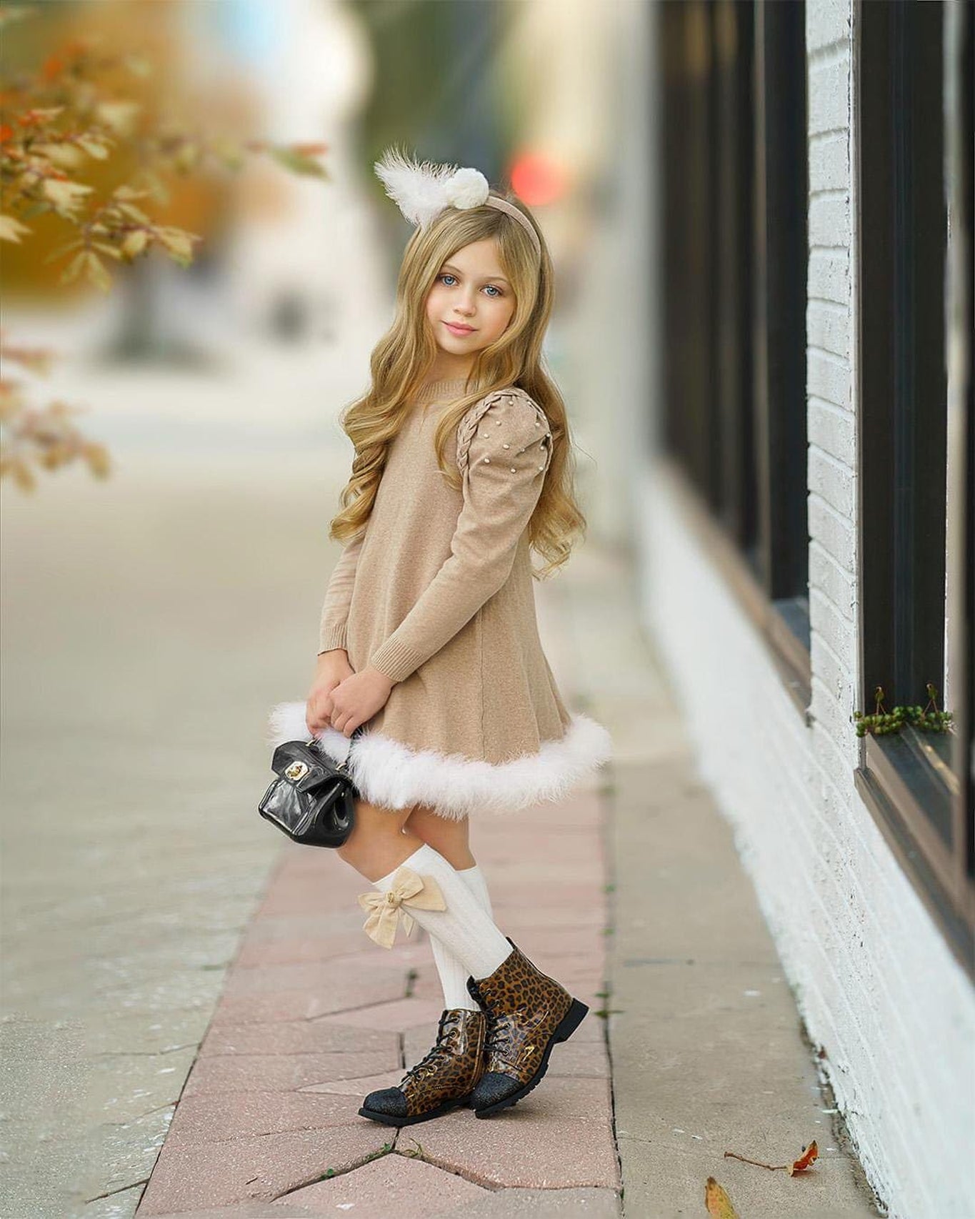 Girl | Emma Linen Bow Socks Beige Bow | White x Beige