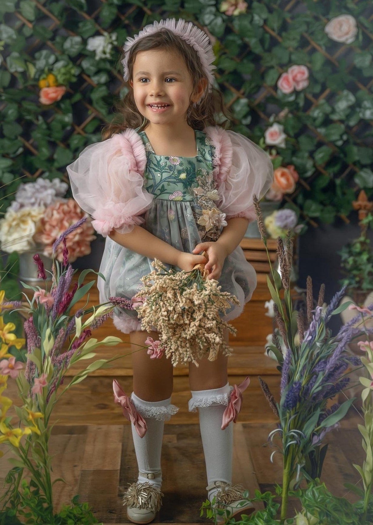 Girl | Eva and Floral Tulle Romper | Pink x Green