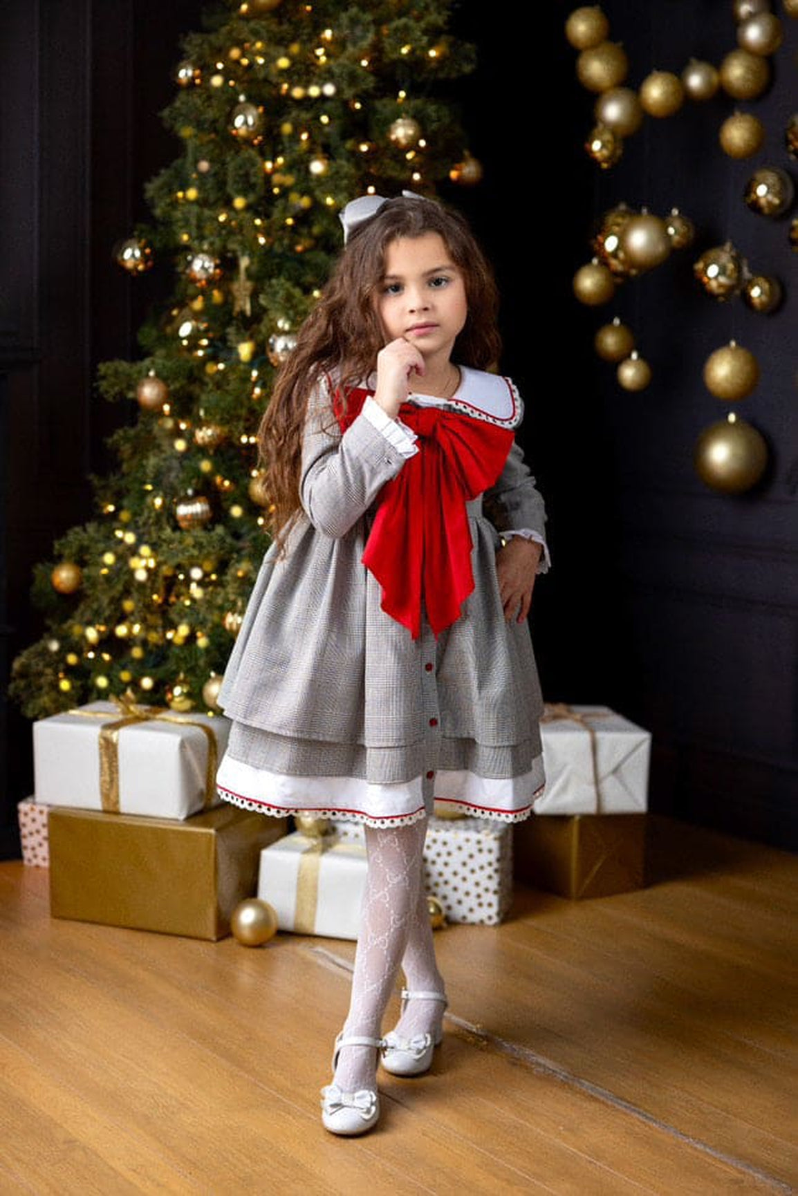 Girl | Georgina Tartan Print Dress with Bow | White x Black x Red