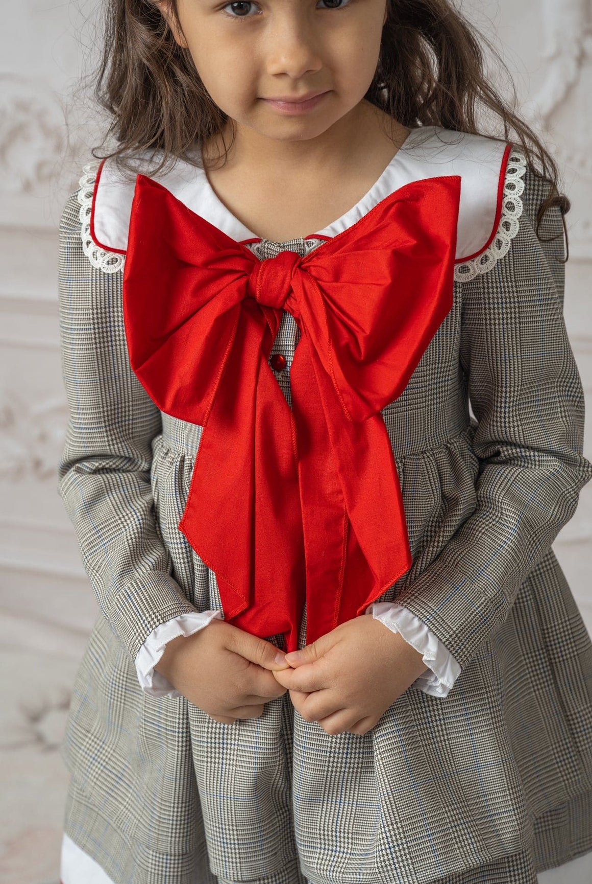 Girl | Georgina Tartan Print Dress with Bow | White x Black x Red