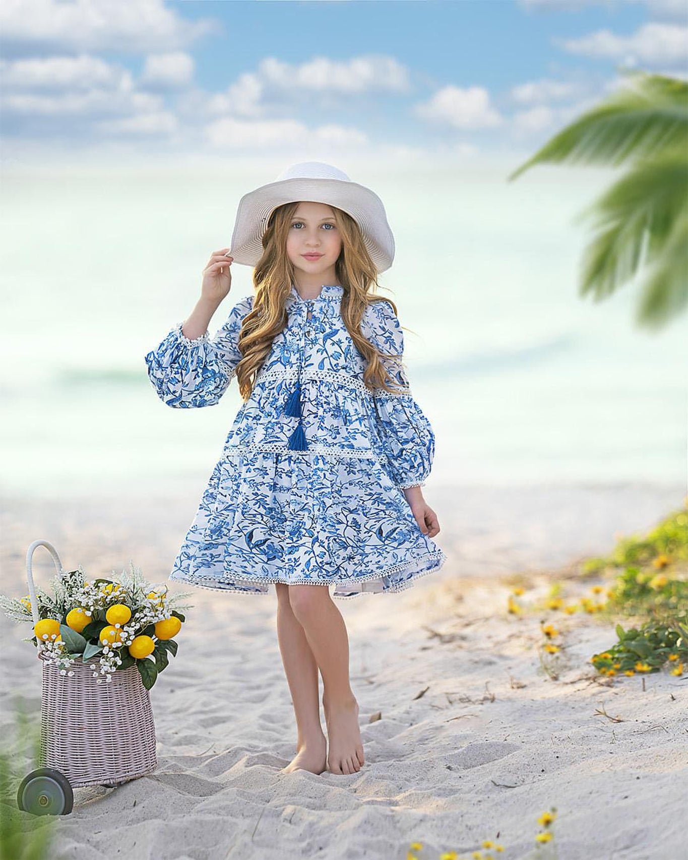 Girl | Jaylin Linen Blue and White Long Sleeve Dress