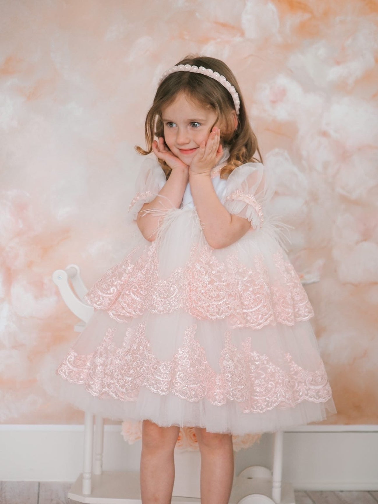 Girl | Laila Embroidered Feather Dress | White x Pink