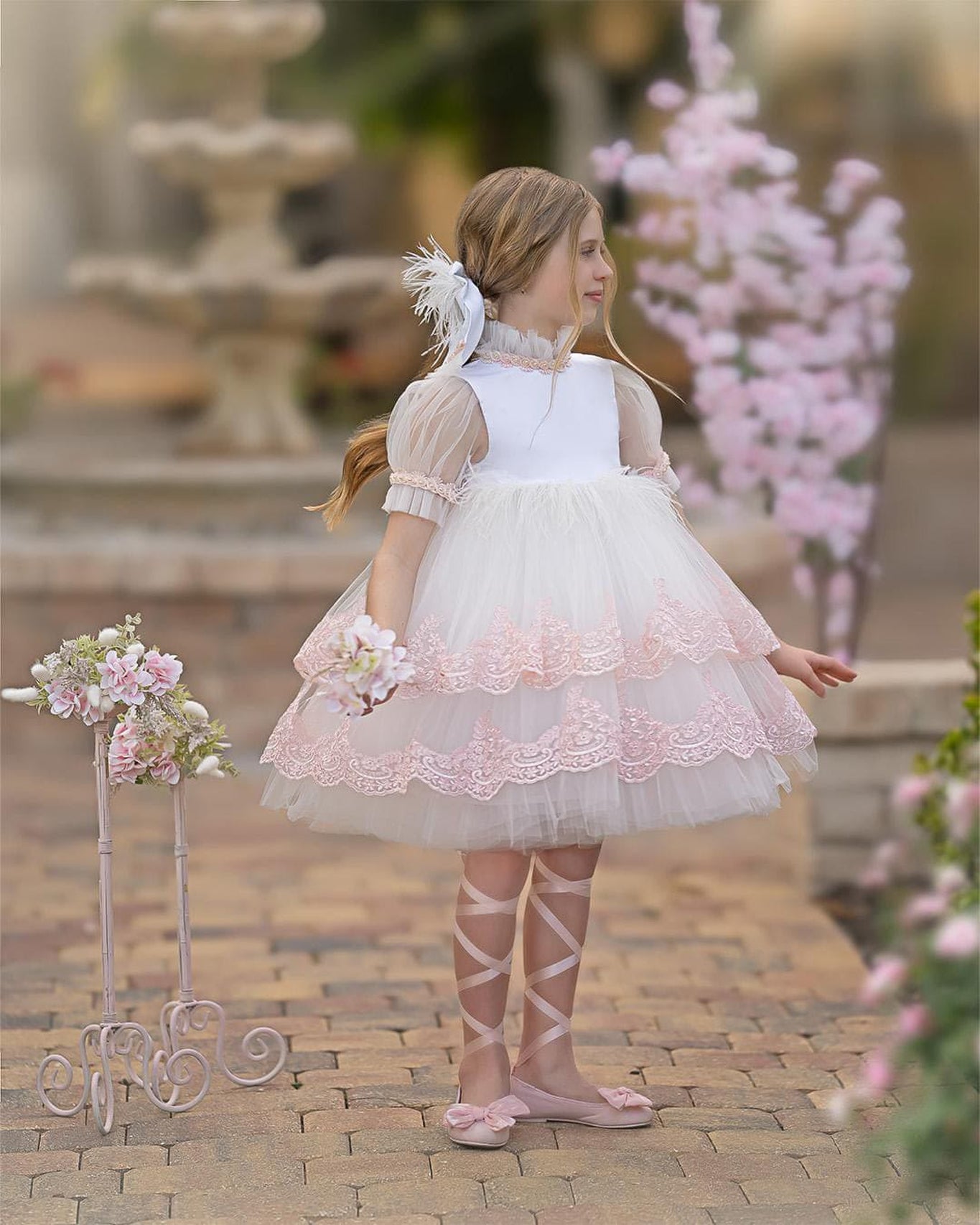 Girl | Laila Embroidered Feather Dress | White x Pink