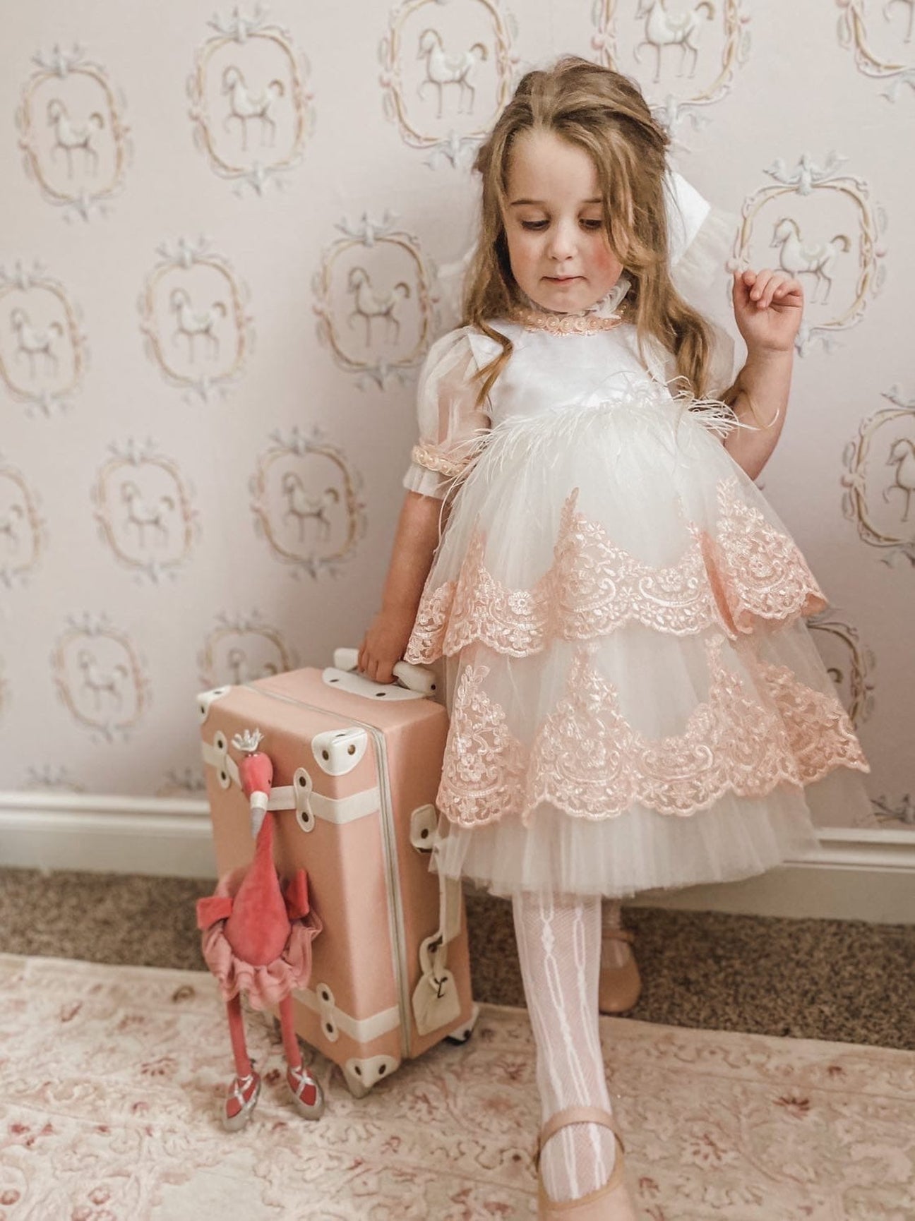 Girl | Laila Embroidered Feather Dress | White x Pink