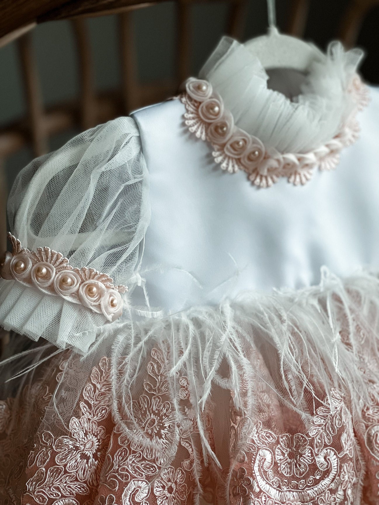 Girl | Laila Embroidered Feather Dress | White x Pink
