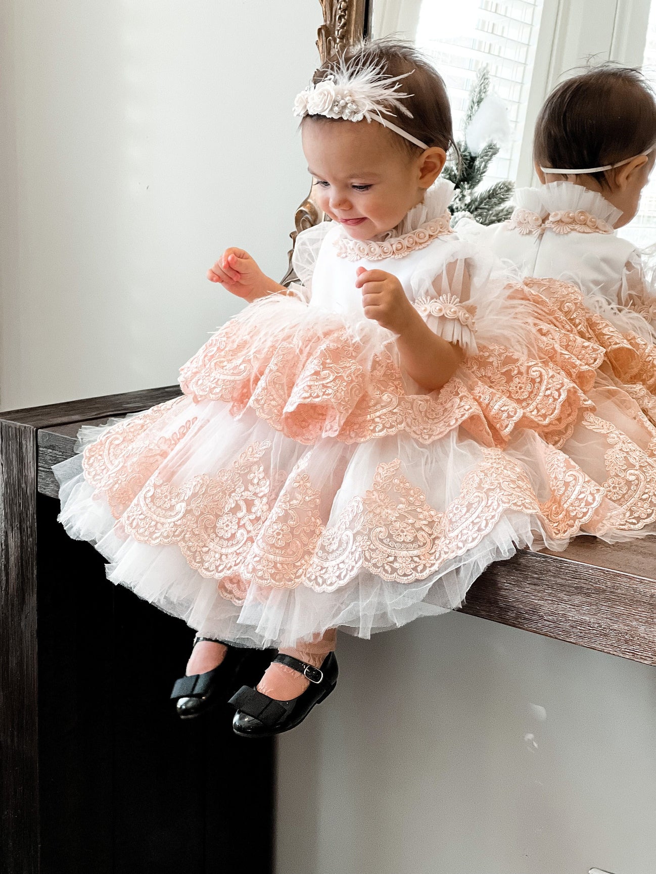 Girl | Laila Embroidered Feather Dress | White x Pink