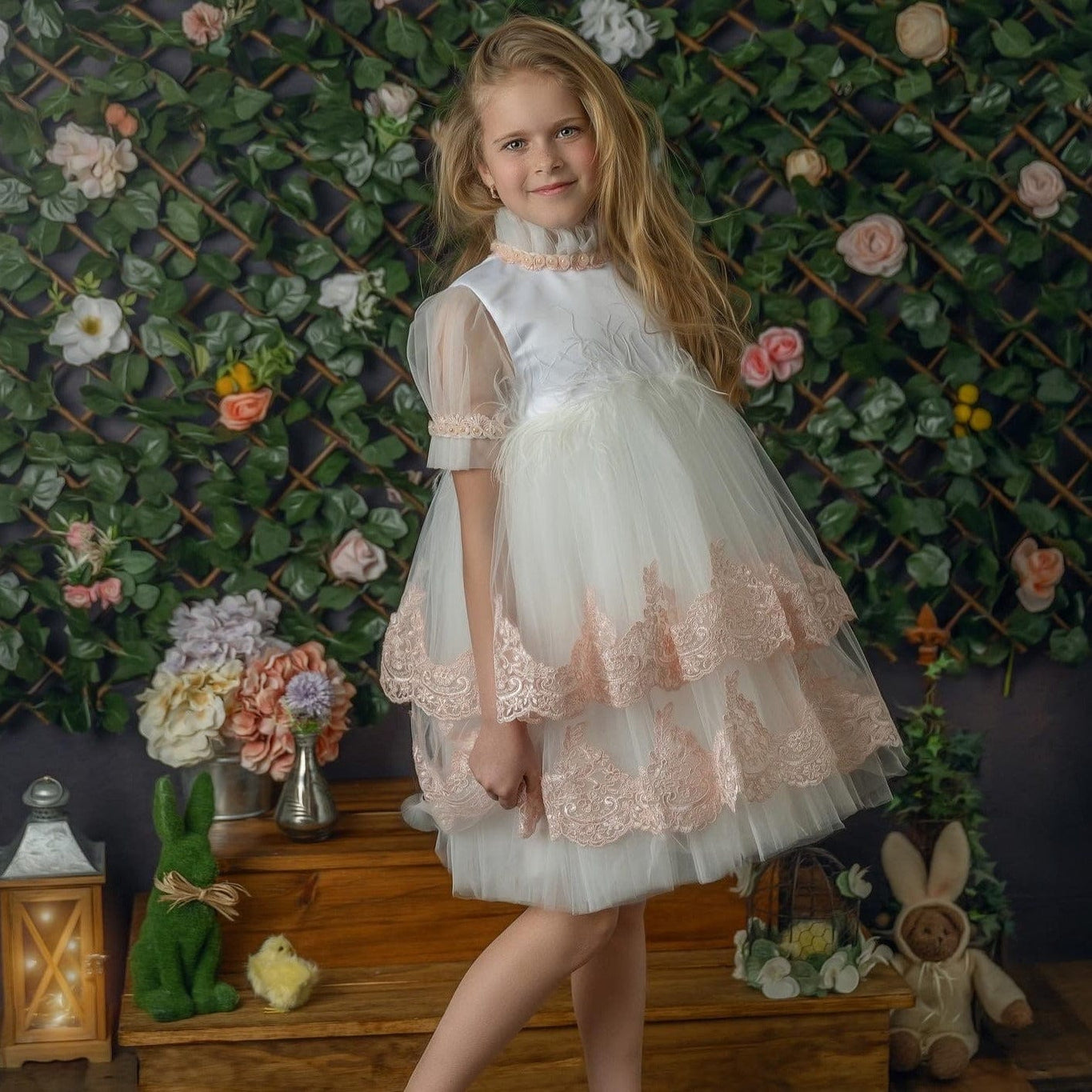 Girl | Laila Embroidered Feather Dress | White x Pink
