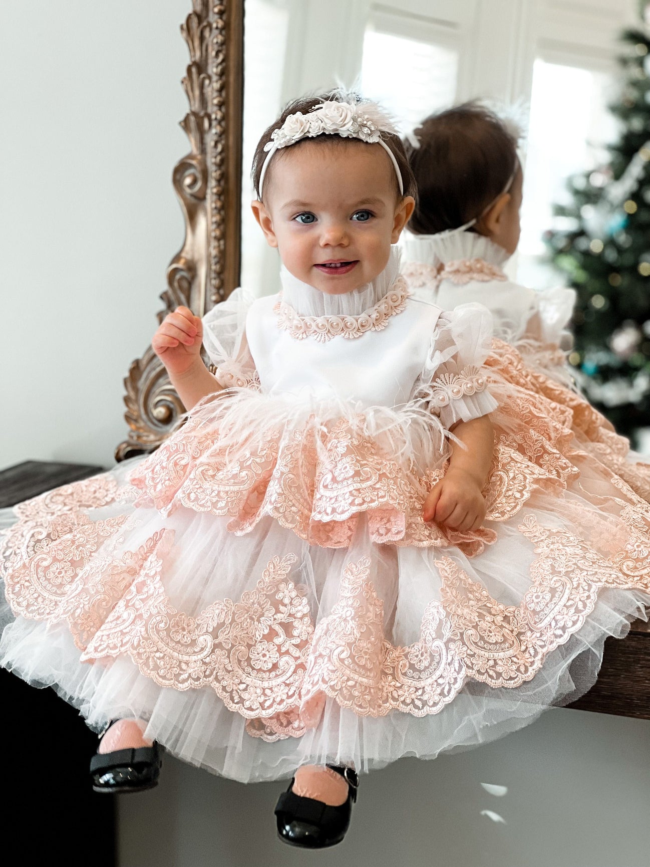 Girl | Laila Embroidered Feather Dress | White x Pink