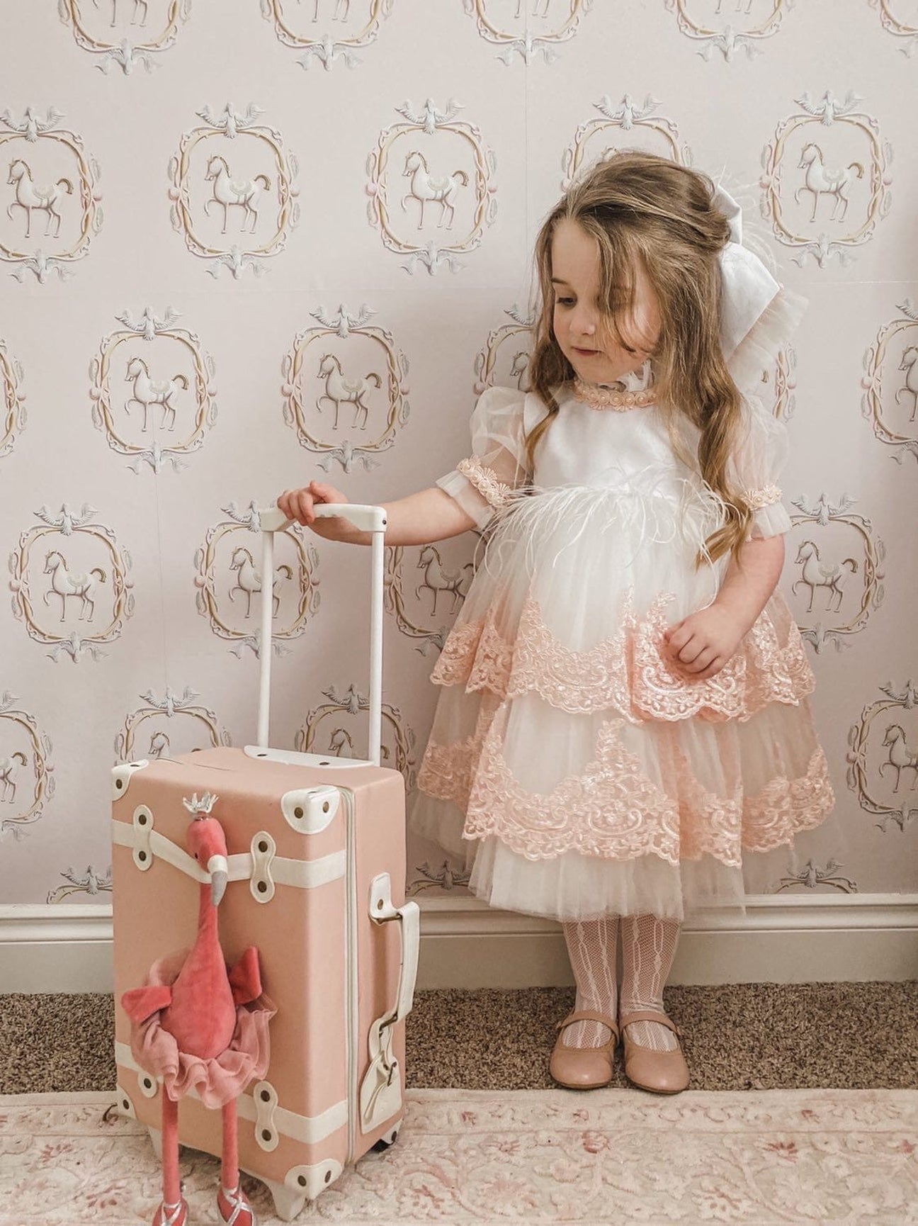 Girl | Laila Embroidered Feather Dress | White x Pink