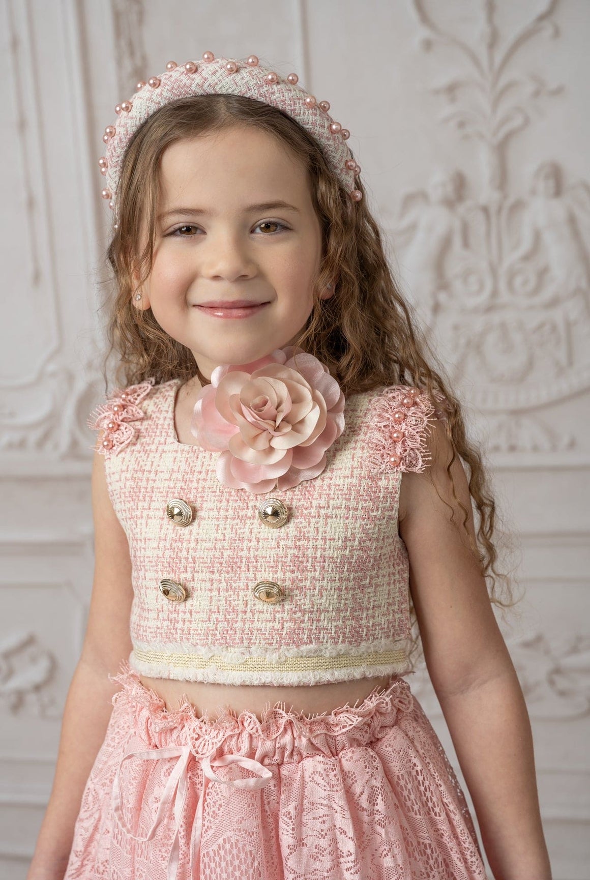 Girl | Molly Tweed Top and Lace Skirt Set | Pink