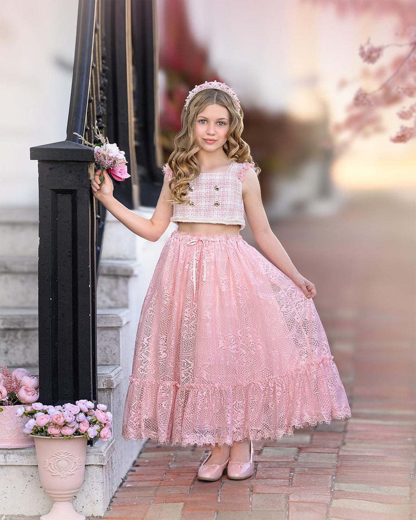 Girl | Molly Tweed Top and Lace Skirt Set | Pink