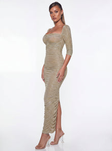 Sorrel Ruched Chiffon Long Maxi Dress | Gold