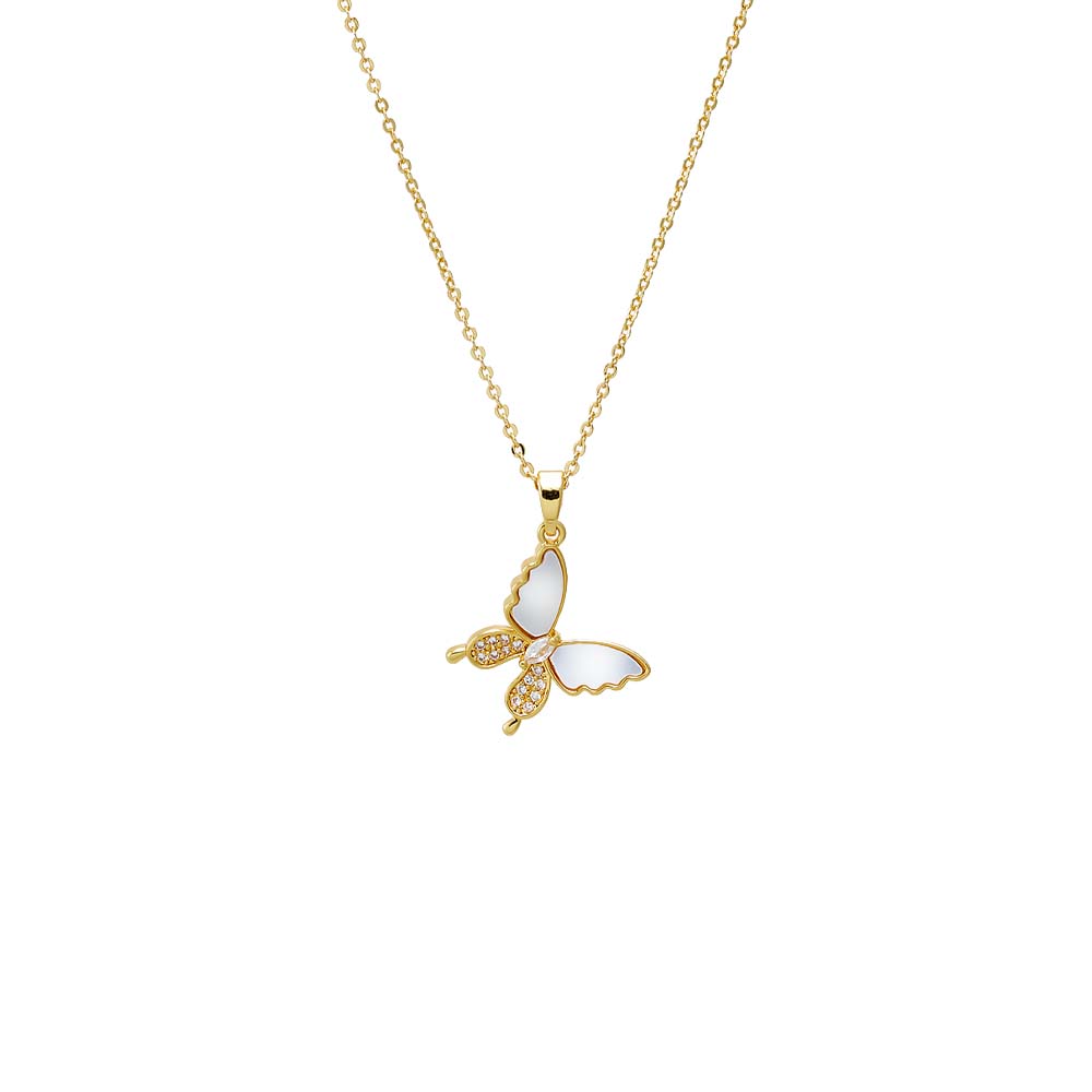 Gold Pave & Mother Of Pearl Sideway Butterfly Pendant Necklace - Adina's Jewels