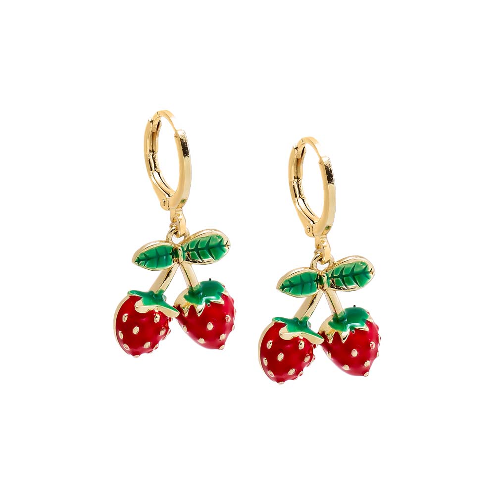 Red Colored Enamel Dangling Double Strawberry Huggie Earring - Adina's Jewels