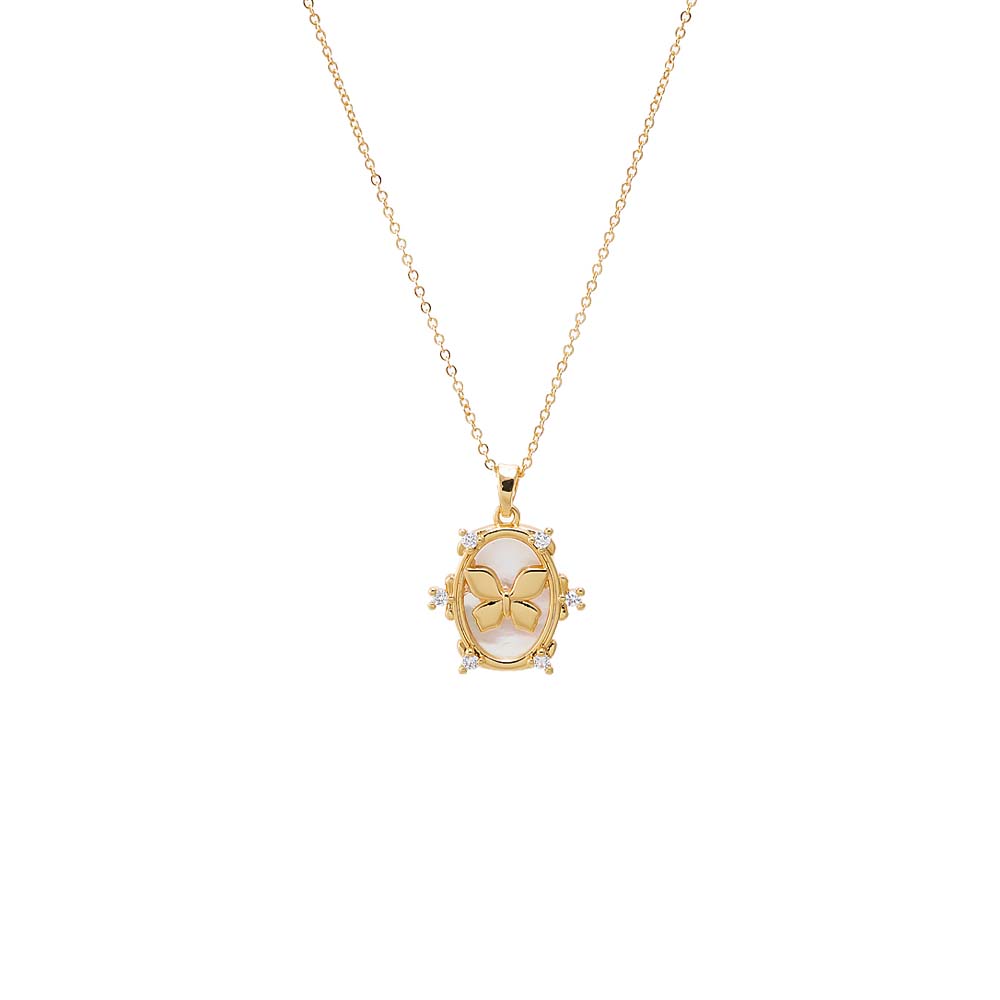Gold CZ Rimmed Butterfly Oval Charm Necklace - Adina's Jewels