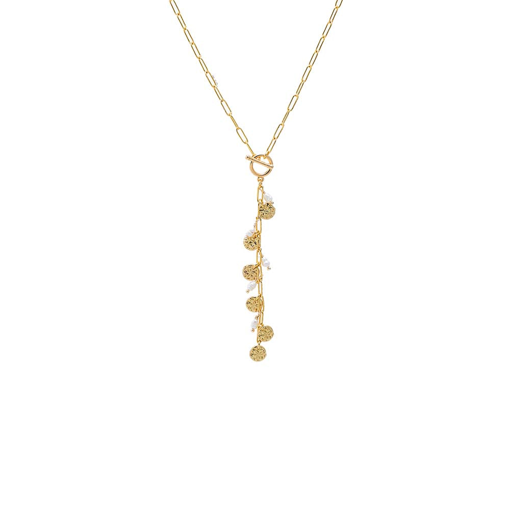 Gold Textured Coin & Pearl Drop Lariat Necklace - Adina's Jewels