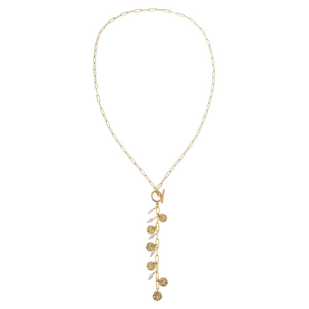 Textured Coin & Pearl Drop Lariat Necklace - Adina's Jewels